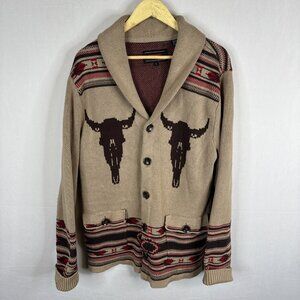 Rock & Roll Denim Western Shawl Collar Cardigan Sweater L Longhorn Skull Cotton